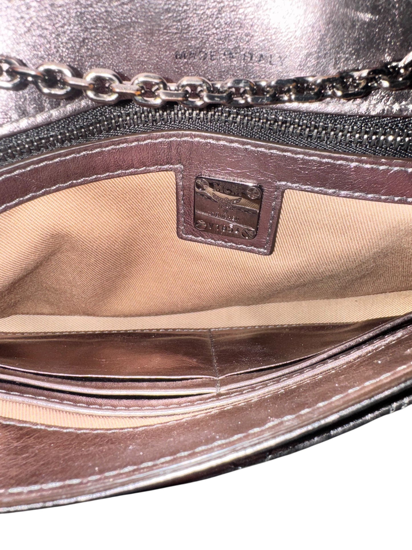 MCM Calfskin Leather Metallic Crossbody/Clutch in Berline Silver w/ Dustbag