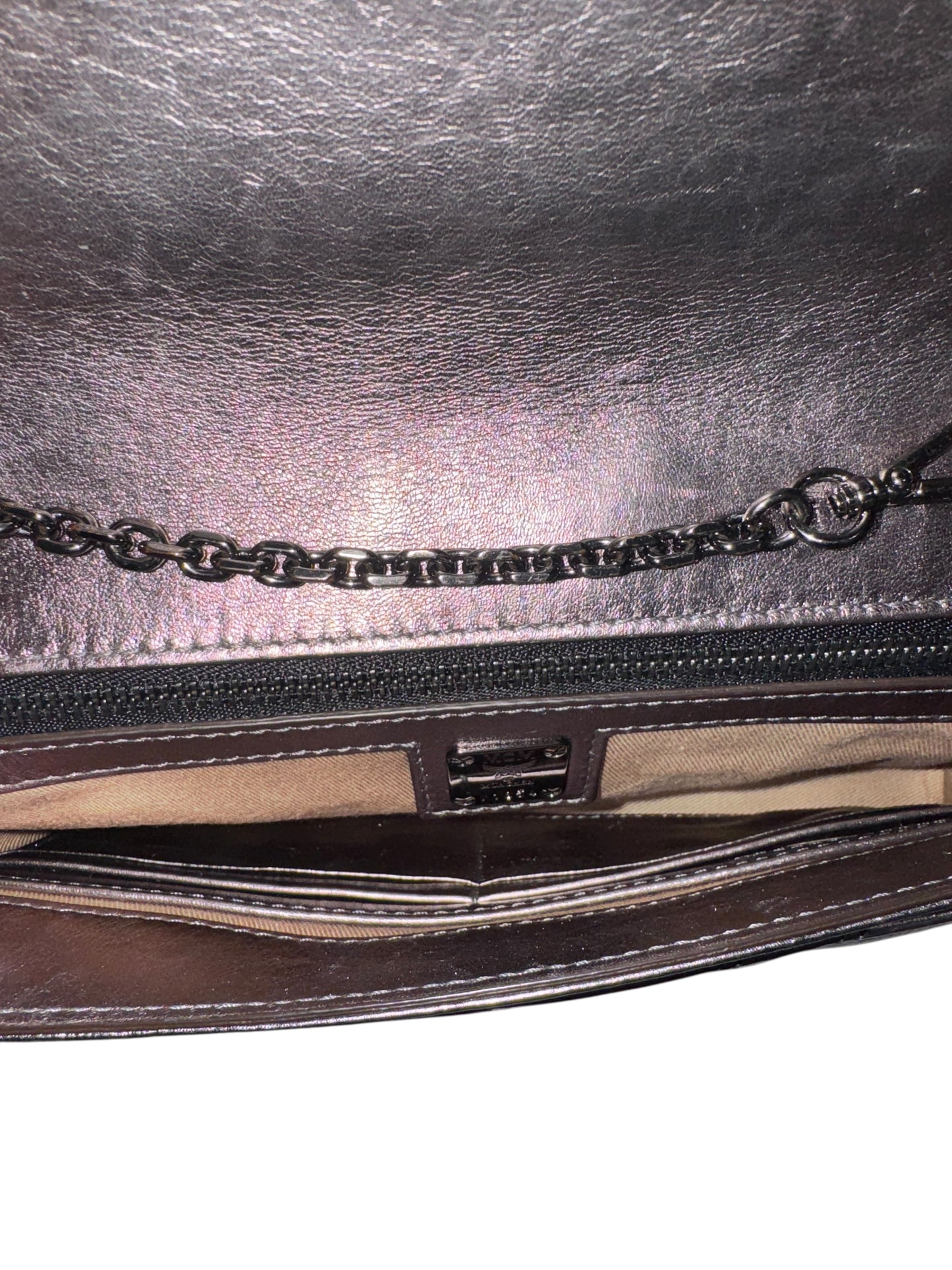 MCM Calfskin Leather Metallic Crossbody/Clutch in Berline Silver w/ Dustbag