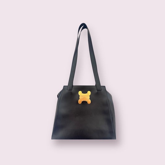 CELINE Triomphe Logo Vintage Leather Tote Bag (Black)