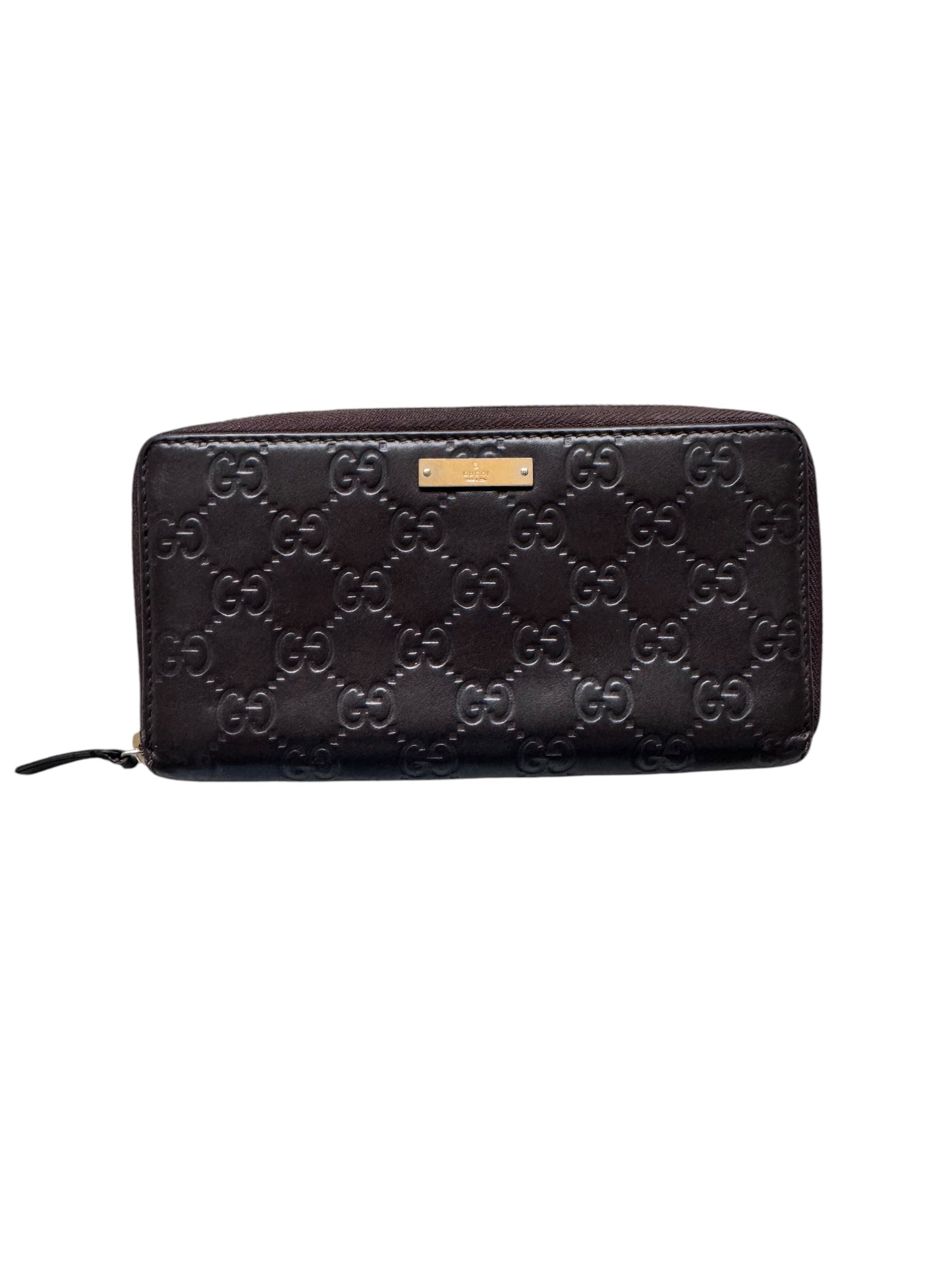 Gucci Guccissima Margaux Calfskin Metal Bar Zip Around Wallet Brown