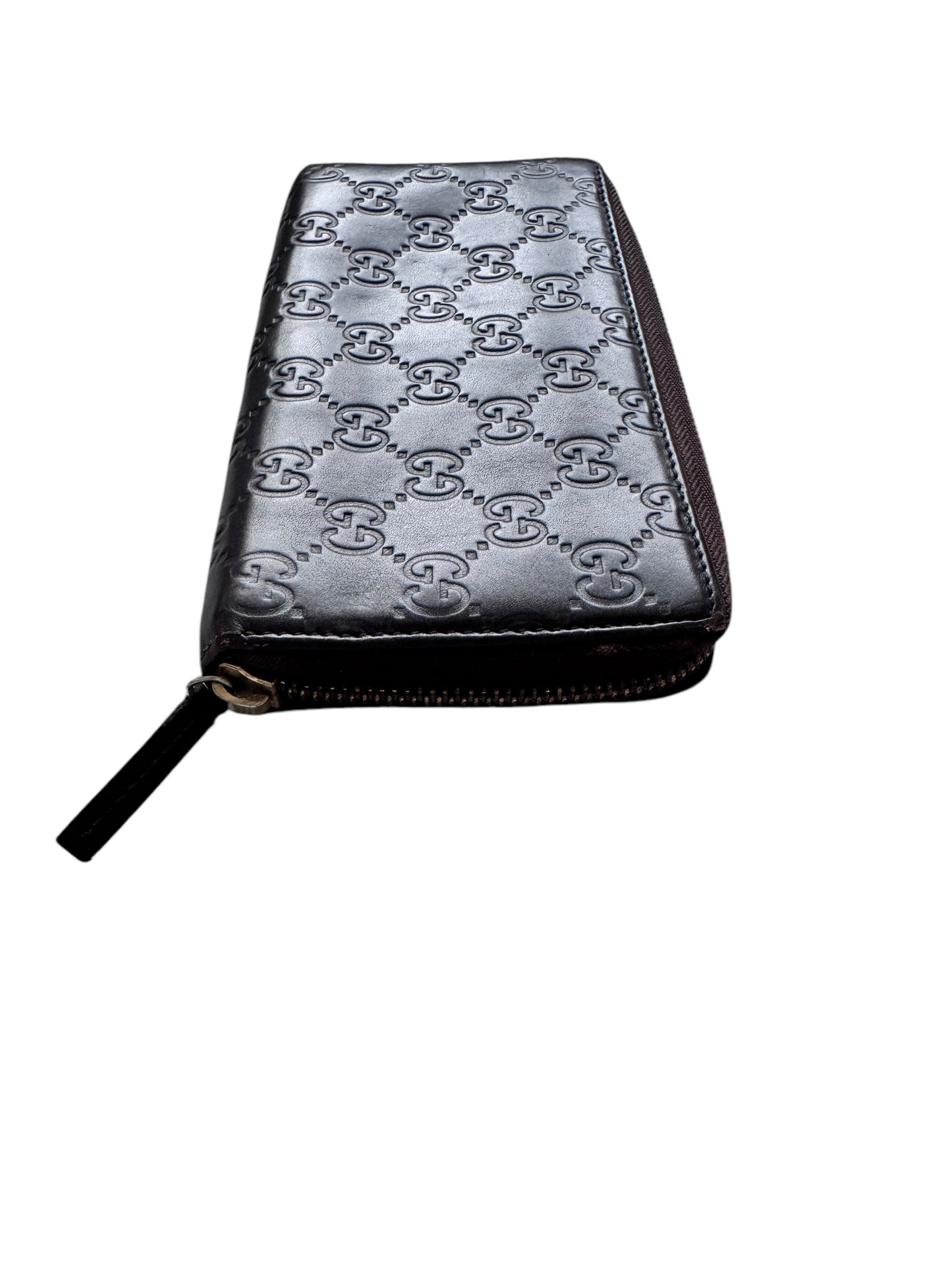 Gucci Guccissima Margaux Calfskin Metal Bar Zip Around Wallet Brown