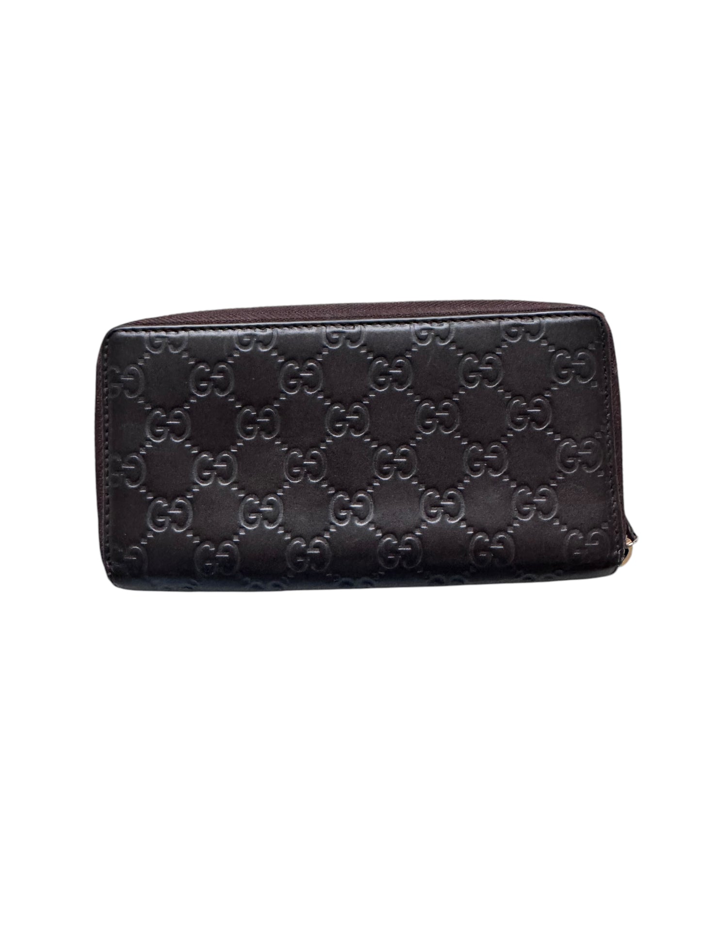 Gucci Guccissima Margaux Calfskin Metal Bar Zip Around Wallet Brown